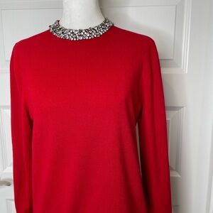 Ann Taylor Red Sweater Rhinestone Embellished Collar Size Medium Long Sleeve